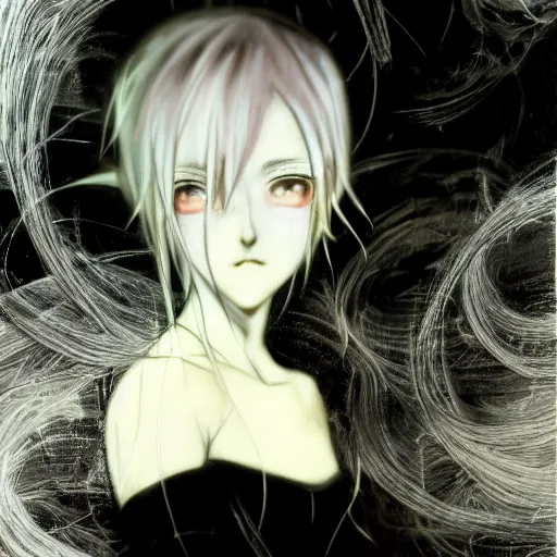 Image similar to Yoshitaka Amano dreamy and blurry portrait of an anime girl with white hair and cracks on her face wearing dress suit with tie fluttering in the wind, abstract black and white patterns on the background, head turned to the side, noisy film grain effect, highly detailed, Renaissance oil painting, weird camera angle