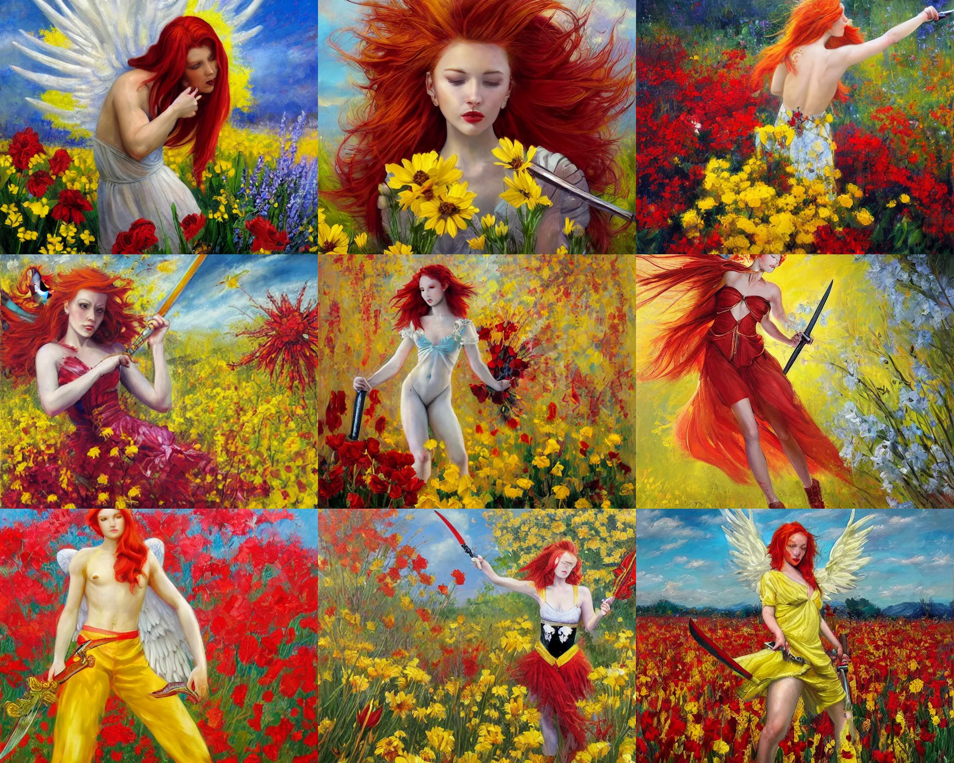 Prompt: a beautiful elegant angel with red hair and a sword in his hand dances in a bright field of flowers, yellow and red color scheme, wide angle, very longshot, oil painting by David Johnston