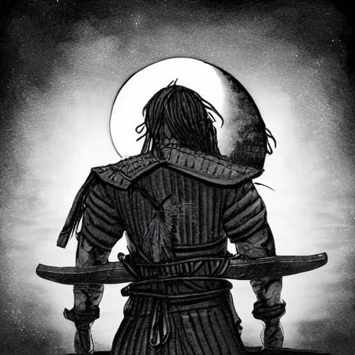 Image similar to a portrait from behind of a samurai man vagabond with a moon behind him, the samurai is wrapped in chains, detailed, illustration, concept art, ink style, sketch