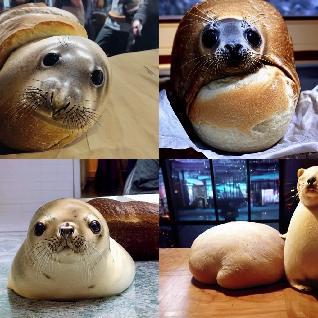 Prompt: baby seal disguised as a loaf of bread as the final boss in a final fantasy game