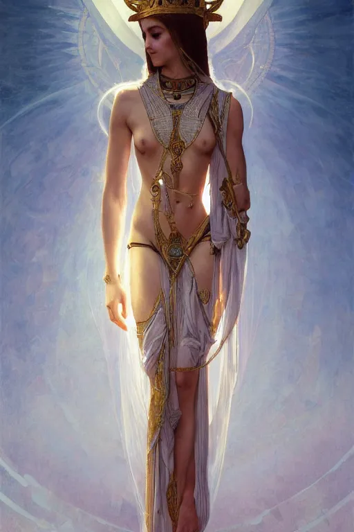 Image similar to a full body portrait of a beautiful ethereal delicate byzantine egyptian mage queen meditative sacral pose catholic stages of the cross, intricate, elegant, highly detailed, digital painting, artstation, concept art, smooth, sharp focus, illustration, art by krenz cushart and artem demura and alphonse mucha