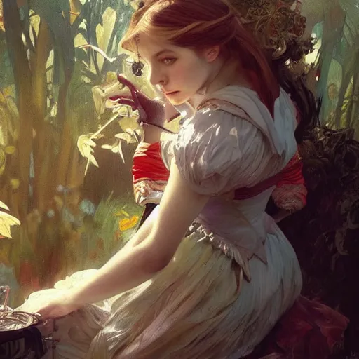 Image similar to alice in wonderland, dramatic lighting, high detail, painted, by greg rutkowski, painted by stanley artgerm, painted by alphonse mucha, trending on artstation