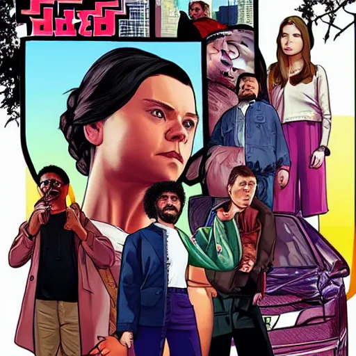 Prompt: The Cover of GTA starring Greta Thunberg, Daveed Diggs and Magdalena Andersson