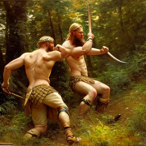 Image similar to 2 attractive male vikings frolicking in the forest. highly detailed painting by gaston bussiere, craig mullins, j. c. leyendecker, 8 k