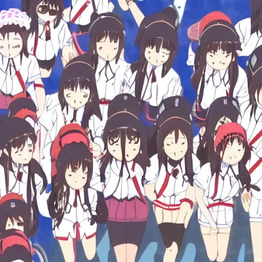 Prompt: too many Japanese high school girls going home on bicycles, by Kyoto Animation