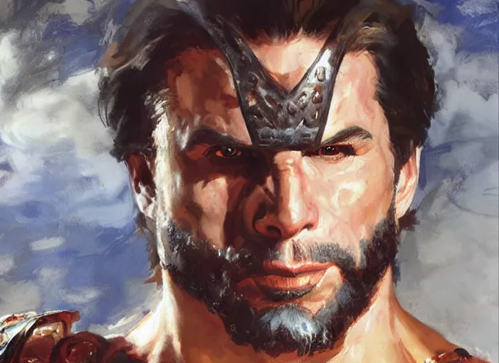 Image similar to a highly detailed beautiful portrait of john travolta as kratos, by gregory manchess, james gurney, james jean