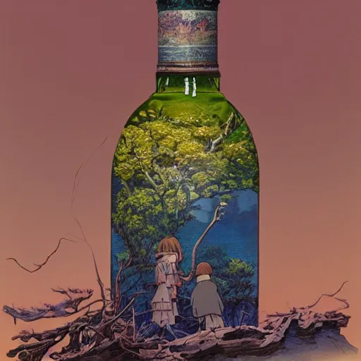 Prompt: a beautiful landscape contained inside an ornate vintage bottle by charles vess, studio ghibli & james gurney, artstation, 8 k, beautiful light, hyperrealism, studio photography