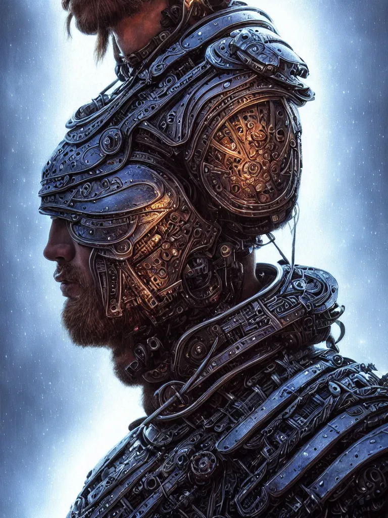 Prompt: Portrait face fronting of Viking Warrior wearing epic bionic cyborg implants by Dan Mumford and Naoto Hattori, extremely beautiful and proportionate face, in the aesthetic of mert and marcus, masterpiece, intricate, warrior futuristic wardrobe, highly detailed, digital painting, artstation, concept art, crepuscular rays, smooth, sharp focus, illustration, background is made of stars and vibrant space nebula, neon cyberpunk vibrant colors, volumetric lighting, art by artgerm and james jean and Nick Sullo