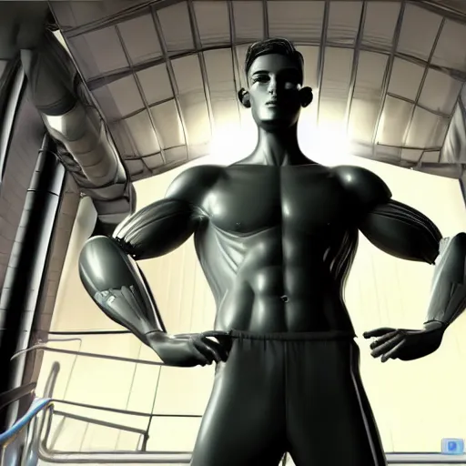 Image similar to a realistic detailed photo of a guy who is an attractive humanoid who is half robot and half humanoid, who is a male android, attractive and handsome soccer players, shiny skin, posing like a statue, blank stare, in a factory, on display, showing off his muscles, wearing soccer shorts, side view, looking at each other mindlessly