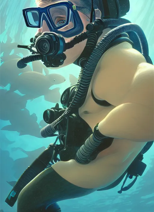 Prompt: underwater scuba diver eric pickles, natural lighting, path traced, highly detailed, high quality, digital painting, by don bluth and ross tran and studio ghibli and alphonse mucha, artgerm