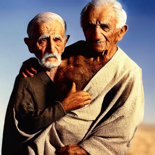 Image similar to award winning cinematic still portrait of 85 year old Mediterranean skinned man, short hair, in ancient Canaanite clothing crying holding a 22 year old Mediterranean skinned man, short hair, in ancient Canaanite clothing. Just before sunrise. Desert mountain background. sad, depressed, lonely, Biblical epic directed by Christopher Nolan