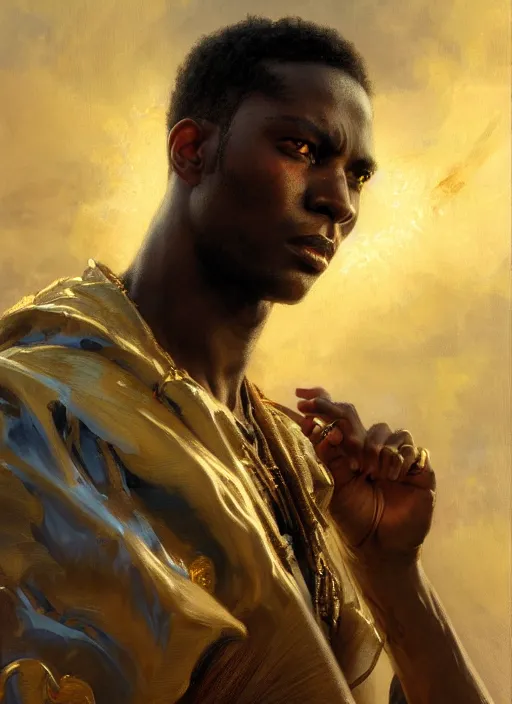 Image similar to young black man, god of lightning, powerful, smug expression, highly detailed painting by gaston bussiere, craig mullins, j. c. leyendecker 8 k, sparkling storm clouds