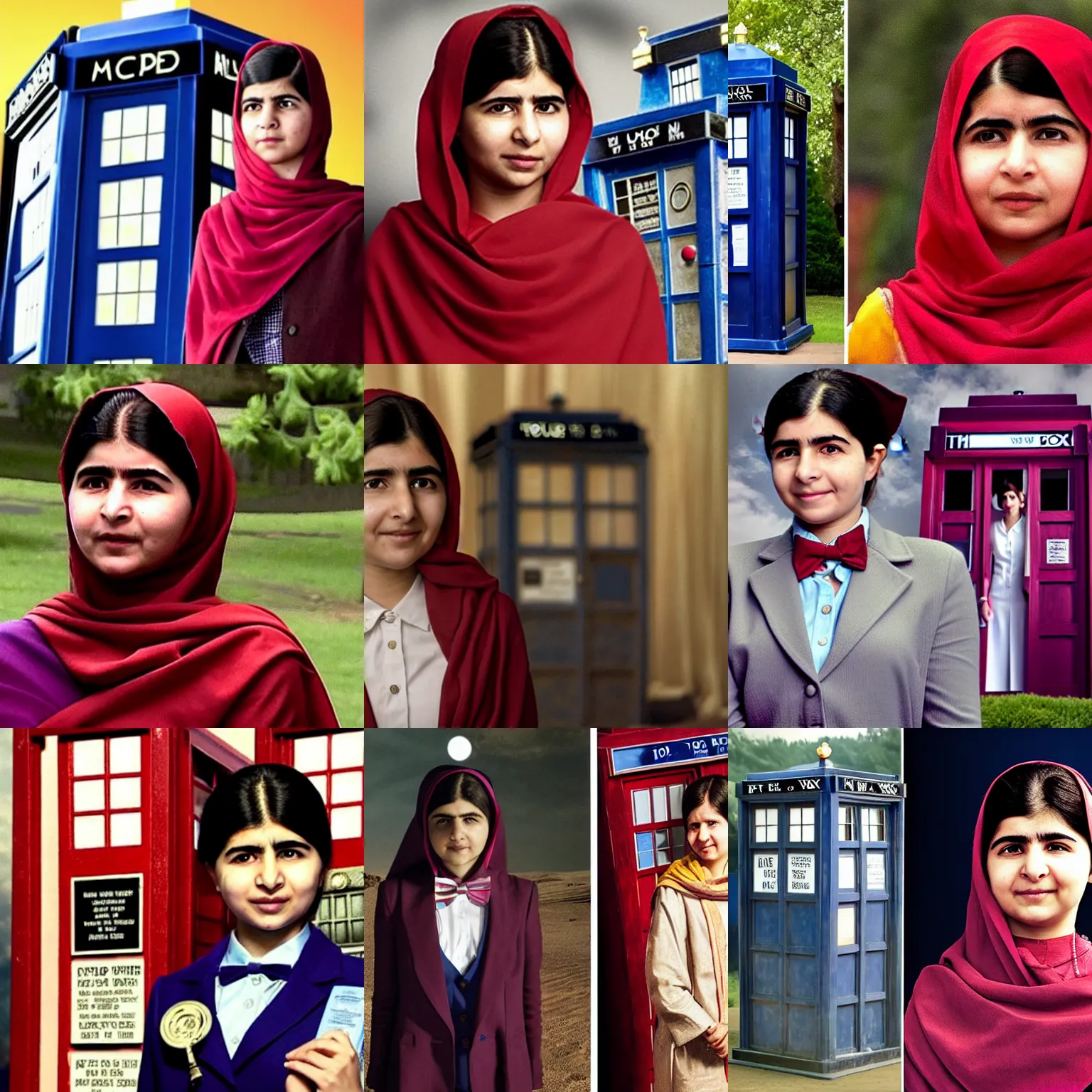 Prompt: Malala Yousafzai as the 12th Doctor, wearing a suit, bow tie and fez, with the TARDIS, tv still from Doctor Who