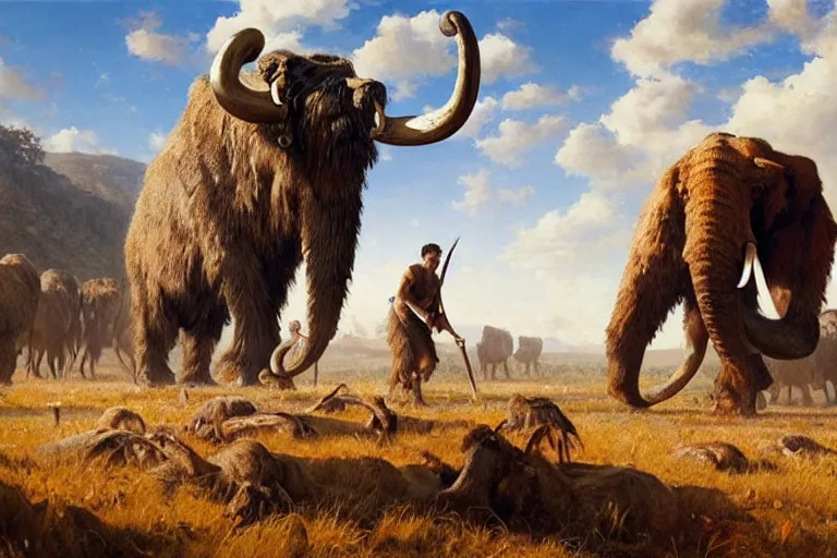 Prompt: epic scene of prehistoric hunter gatherers hunting a wooly mammoth with spears, autumn season, clear and beautiful sunny weather, epic feels, high details, oil painting by greg rutkowski and craig mullins, 8 k