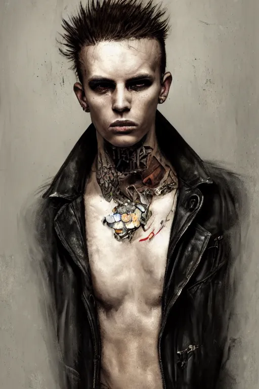 Image similar to an ugly young man, shaved head, punk, tattered leather coat, intricate, elegant, dramatic lighting, highly detailed, lifelike, photorealistic, digital painting, artstation, illustration, concept art, smooth, sharp focus, art by John Collier and Albert Aublet and Krenz Cushart and Artem Demura and Alphonse Mucha