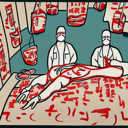 Image similar to chinese surgeons at an operating table, in the style of daniel johnston and outsider art, 8k, line brush, minimal, overlaid with chinese caligraphy