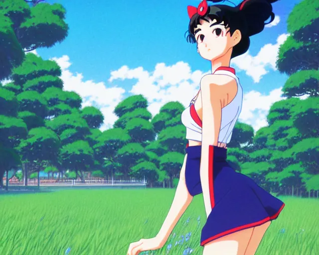 Image similar to Rei Hino from Sailor Moon, park in background, bokeh. anime masterpiece by Studio Ghibli. illustration, sharp high-quality anime illustration in style of Ghibli, Ilya Kuvshinov, Artgerm