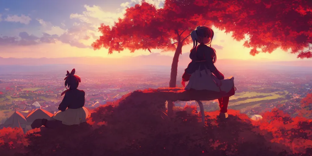 Image similar to reimu sitting on a hill off to the side looking down upon swedish town, during dawn, cinematic, very warm colors, intense shadows, anime illustration, anime screenshot composite background