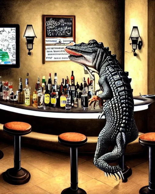 Prompt: a photo of an alligator serving drinks at a bar, fine - face, realistic shaded, fine details. realistic shaded lighting, artgerm, trending on art station