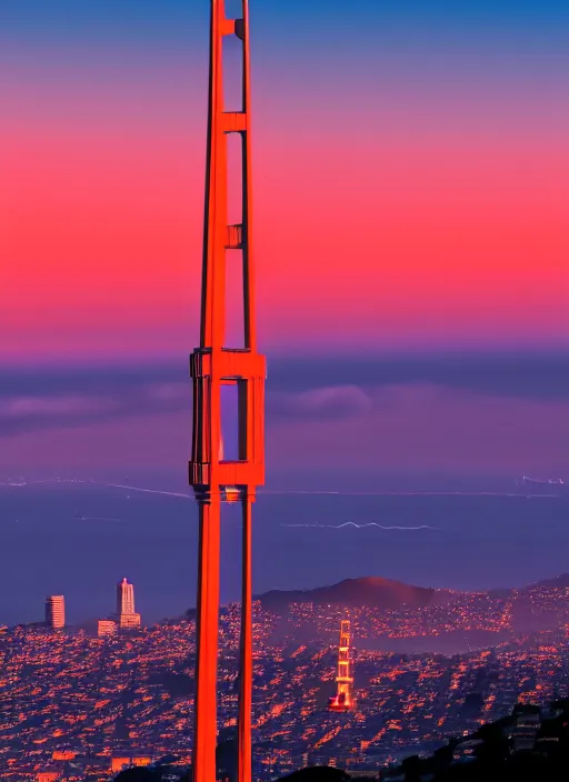 Prompt: sutro tower in san francisco, sunset, radio antenna, twin peaks, photorealistic, 8 k