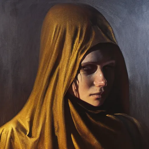 Image similar to a portrait of a young woman wearing a long dark cloak, hood and shadows covering face, holding golden chains, oil painting, matte painting, black background, Volumetric Golden dappled dynamic lighting, Highly Detailed, Cinematic Lighting, Unreal Engine, 8k, HD, by Beksinski