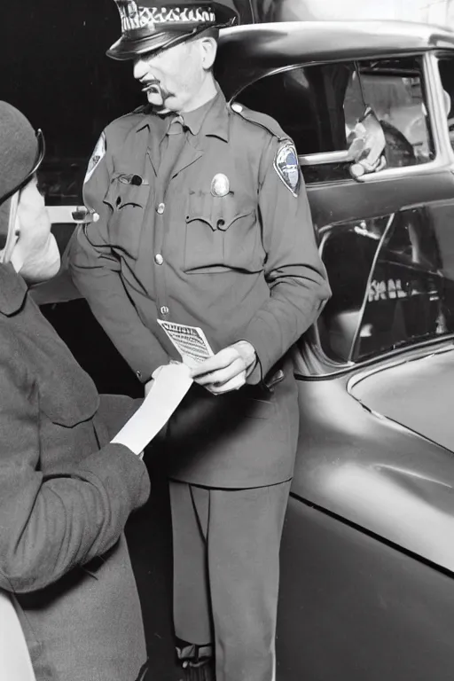 Image similar to a 1 9 5 0 s police officer issuing a ticket on a car