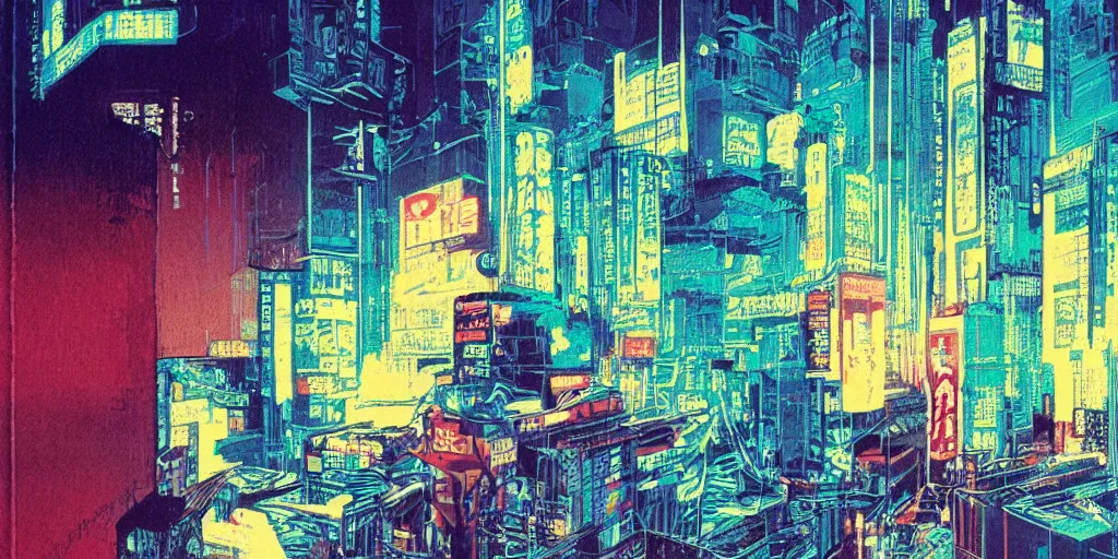 Prompt: a close - up grainy risograph painting of cyberpunk japanese glance matte poster, cellophane accessories, blue hour, twilight, by moebius and lehr paul