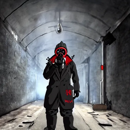 Image similar to hooden villain wearing a gas mask with red goggles, smoke coming out of his body and coat, dark background, wall with graffiti, unreal engine 5, ultra realistic, detailed, fog, studio ghibli inspired,