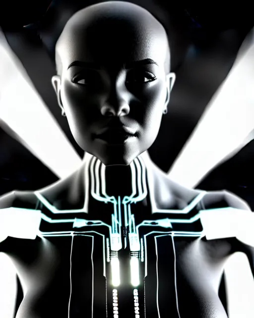 Image similar to black and white artistic photo, full figure, young female cyborg, microchip, artificial intelligence, bio - mechanical bio - luminescence, black wired cables, cinematic, rim light, photo - realistic, 8 k