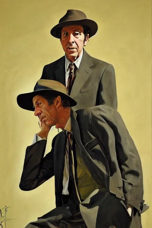 Image similar to portrait of leonard cohen, wearing trilby, immaculately dressed, by Frank McCarthy