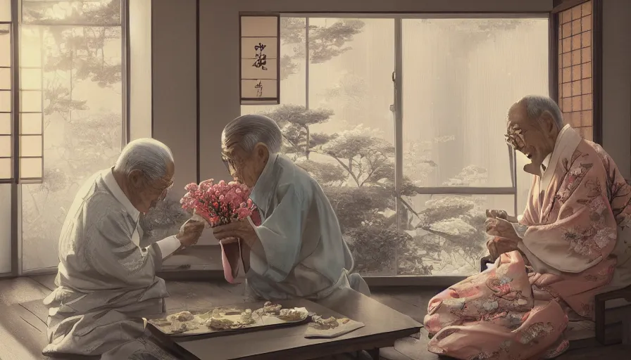 Image similar to old japanese man giving flowers to his wife, japanese house, romantic, drawing, light through windows, hyperdetailed, artstation, cgsociety, 8 k