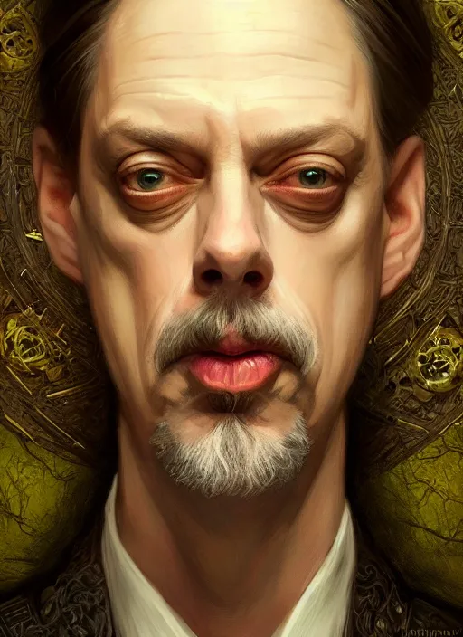 Image similar to symmetry!! portrait of steve buscemi, fantasy, medieval wear, intricate, elegant, highly detailed, digital painting, artstation, concept art, smooth, sharp focus, illustration, art by artgerm and greg rutkowski and alphonse mucha