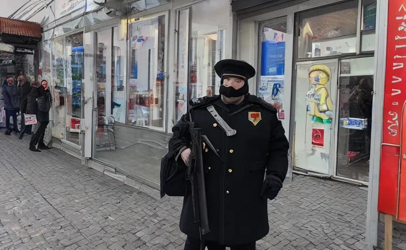 Prompt: Photo of Russian robot cop in Moscow guarding a vodka store, with babushkas in the background