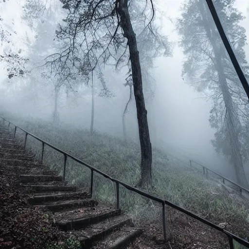 Image similar to creepy stairs in middle of forest, dark foggy misty colors!, dark forest from evil realm