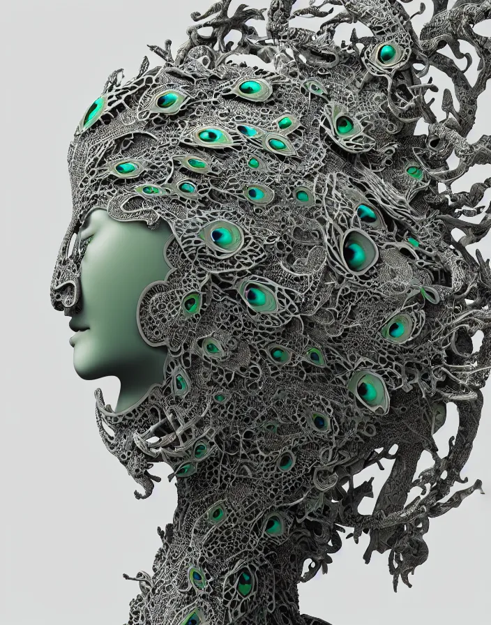 Prompt: bw close - up profile face, beautiful young porcelain intricate bio - mechanical vegetal - dragon - cyborg - female, jade metallic armour, white peacock feathers, roots, fine mandelbrot fractal lace, 1 5 0 mm, soft rim light, elegant, hyper real, ultra detailed, octane render, hg giger, 1 6 k