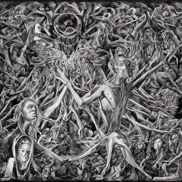 Image similar to experision of mind-matter interaction through death by Alex Grey and M. C. Escher collaboration, digital painting, Groundcore