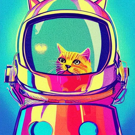 Prompt: bright vibrant saturated portrait, symmetrical reflection, symmetric cat in space helmet by Eli Mendelson and Jenn Martin james gurney artstation trending artist in the style of studio Ghibli and 1960s americana Comics, HQ 8k scan