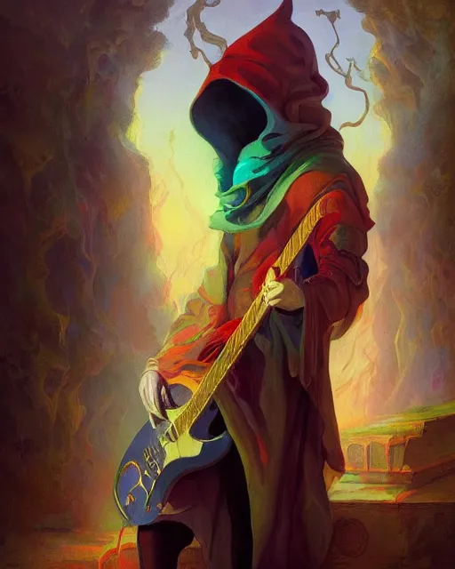 Image similar to colorful baroque portrait of a shadowy man wearing a hooded cloak, playing a guitar, gallery art by peter mohrbacher, artstation, artgate