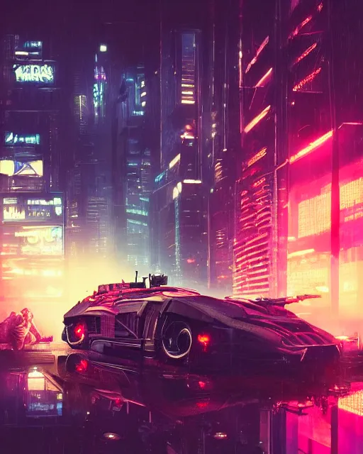 Prompt: cyberpunk vehicle above a city, scifi, futuristic, neon light, highly detailed, concept art, sharp focus, trending on artstation, intricate, atmosphere, raining, art by roman makarenko, dzung phung dinh