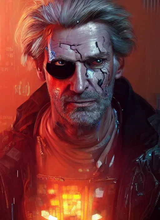 Image similar to portrait of Trump as a homeless character in Cyberpunk 2077, looking at camera, intricate, dystopian, sci-fi, extremely detailed, digital painting, artstation, concept art, smooth, sharp focus, illustration, intimidating lighting, incredible art by artgerm and greg rutkowski and alphonse mucha and simon stalenhag
