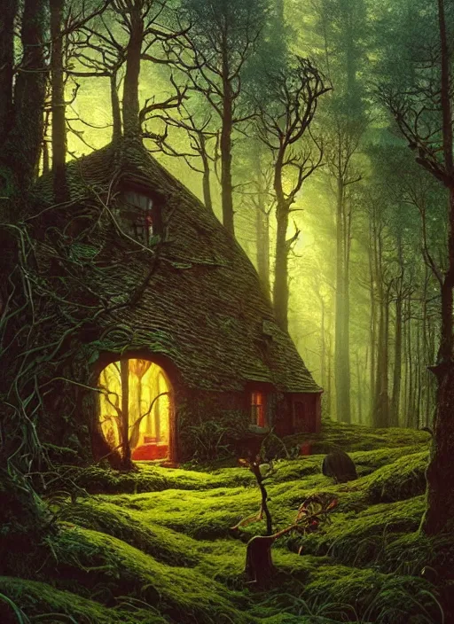 Prompt: hyper realistic witch cottage with mood lighting and technology in the woods gorgeous lighting, sunbeams blue sky, highly detailed, lush forest foliage painting by zdzisław beksinski and norman rockwell and greg rutkowski weta studio, and lucasfilm