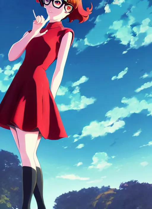 Image similar to Painting of Velma Dinkley in the style of Persona 5, anime style, winged eyelashes, countryside, calm, fantasy character portrait, dark outlines, dynamic pose, above view, sunny day, artwork by Makoto Shinkai, very coherent asymmetrical artwork, sharp edges, perfect face, simple form, 100mm