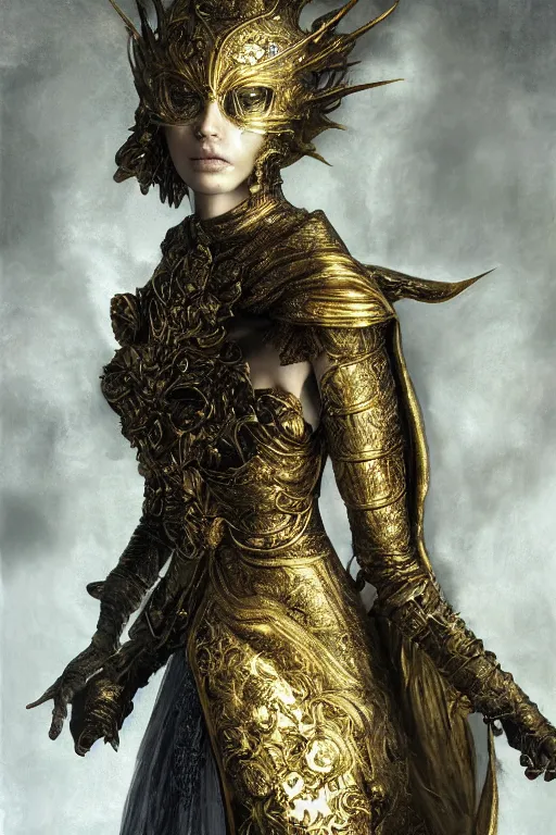 Image similar to portrait of a beautiful 20-year-old woman by Mario Testino, Dark Souls 3 themed, in style of Ruan Jia, insanely detailed and intricate, golden ratio, elegant, ornate, luxury, elite, matte painting, cinematic, cgsociety, James jean, Brian froud, ross tran, Laputa