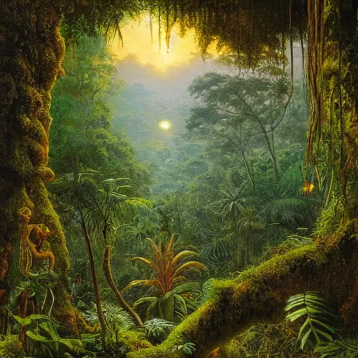 Image similar to a jungle temple surrounded by moss and tropical flowers, with a sunset, by alex horley