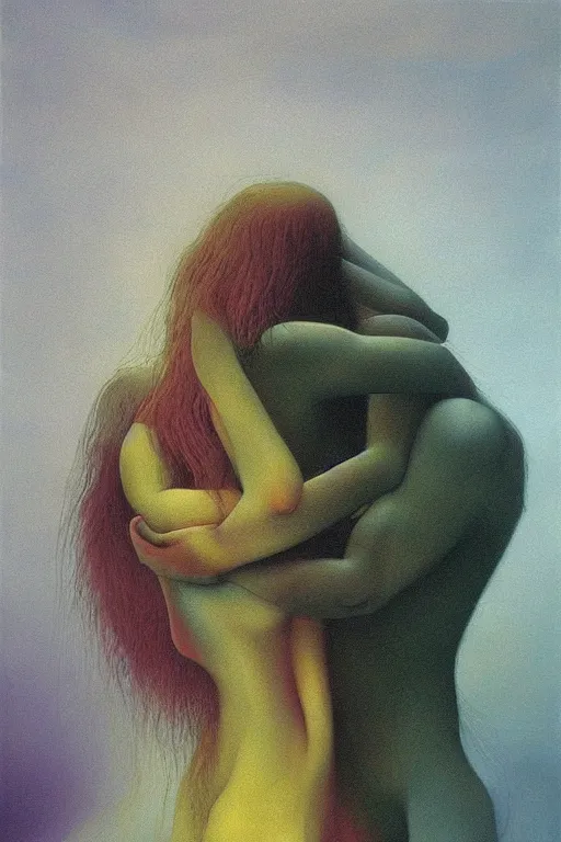 Image similar to men kiss girl and hug and cuddle colourful shiny beautiful harmony painting by zdzisław beksinski