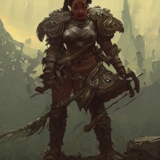 Image similar to a full bodied character portrait of a green orc warrior woman in full plate armor bald with a ponytail, by greg rutkowski, wlop, astri lohne, wei wang, laurie greasley, victo ngai, trending on artstation