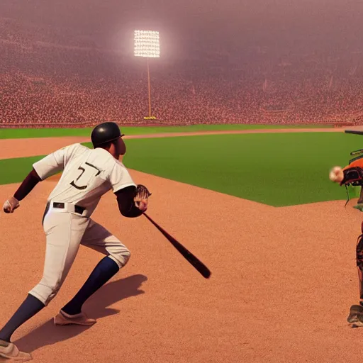 Image similar to baseball player hitting the ball with the baseball bat in the middle of the game and in front of everyone in the stadium, james gurney painting style, greg rutkowski, artstation, octane render, unreal engine 5