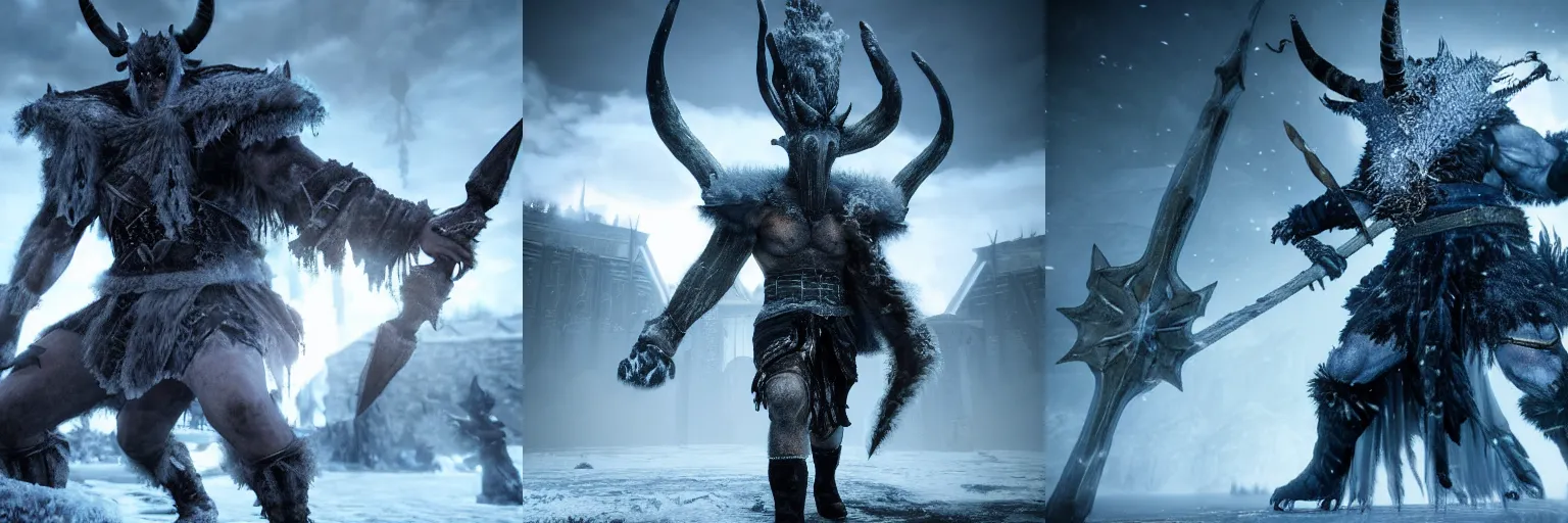 Prompt: A intimidating frost giant with massive horns from darksouls 3