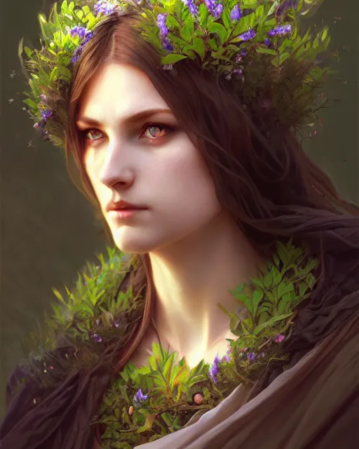 Image similar to beautiful female druid, portrait, fantasy, young, symmetrical eyes, correct eyes proportion, beautiful iris, detailed, intricate, leaves and simple cloth, global lighting, digital art, digital painting, artstation, wlop, sharp focus, illustration, art by artgerm and greg rutkowski and alphonse mucha, 8 k