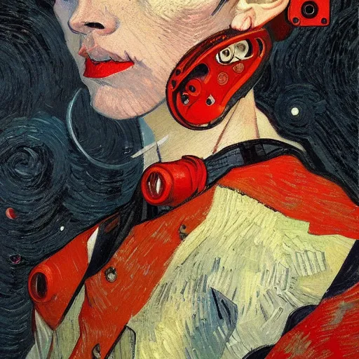 Image similar to Van Gogh portrait painting of a cyborg girl with black and red robotic parts, medium shot, asymmetrical, profile picture, Organic Painting, sunny day, Matte Painting, bold shapes, hard edges, street art, trending on artstation, by Huang Guangjian and Gil Elvgren and Sachin Teng